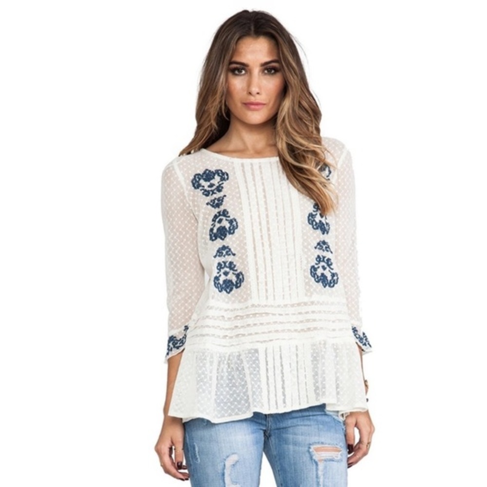 Free People Cream Blouse with Navy Embroidery